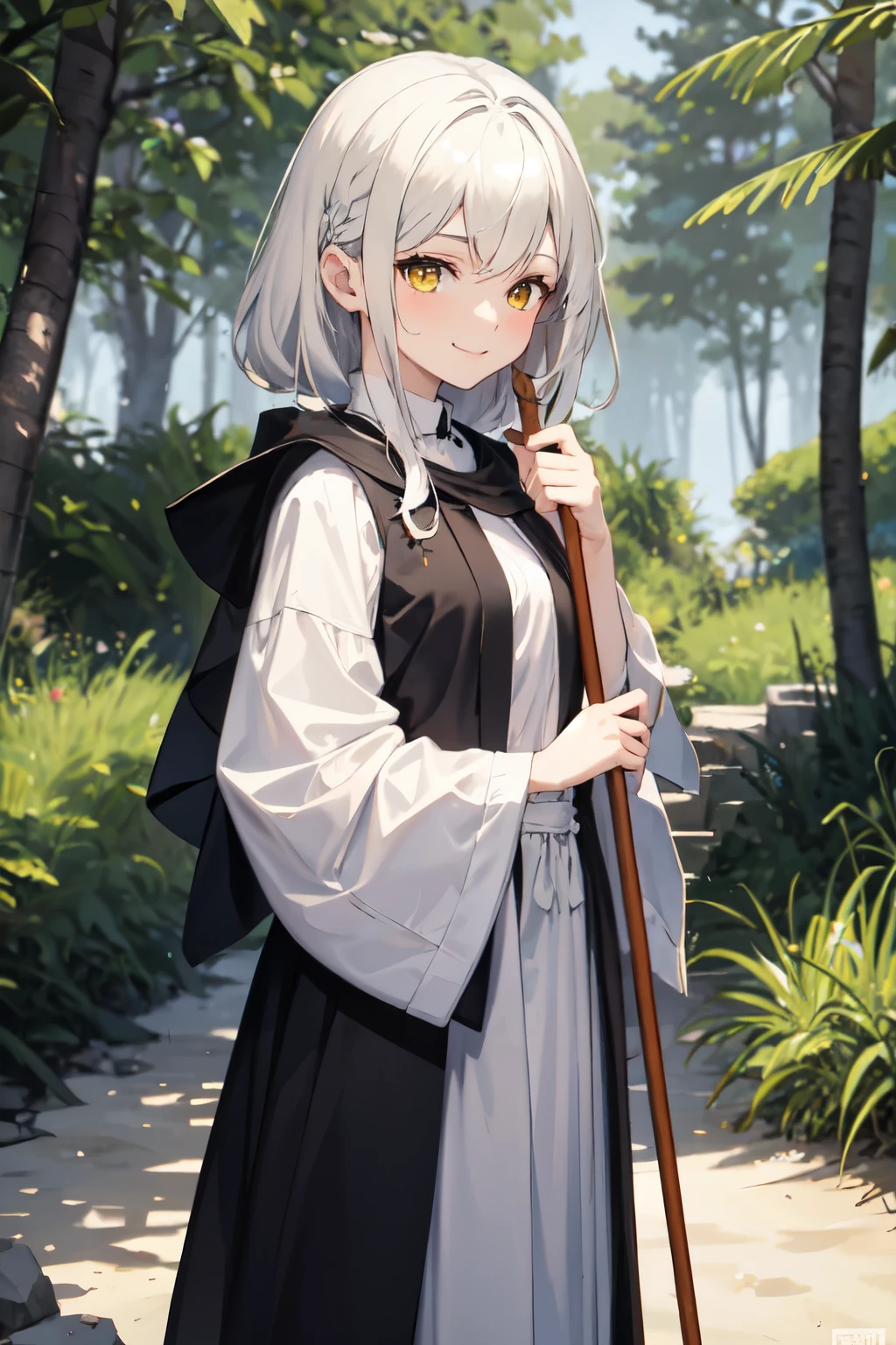 ((Best Quality)), ((masterpiece)), (detailed), 1 girl, with white hair, with beach outfit, black with yellow tones, anime style, dressed as a witch, with big yellow eyes, with a shy look, a mischievous smile, And with his right hand holding a brown magic staff, staring at the camera. To finish, a shy pose and a forest in the background.