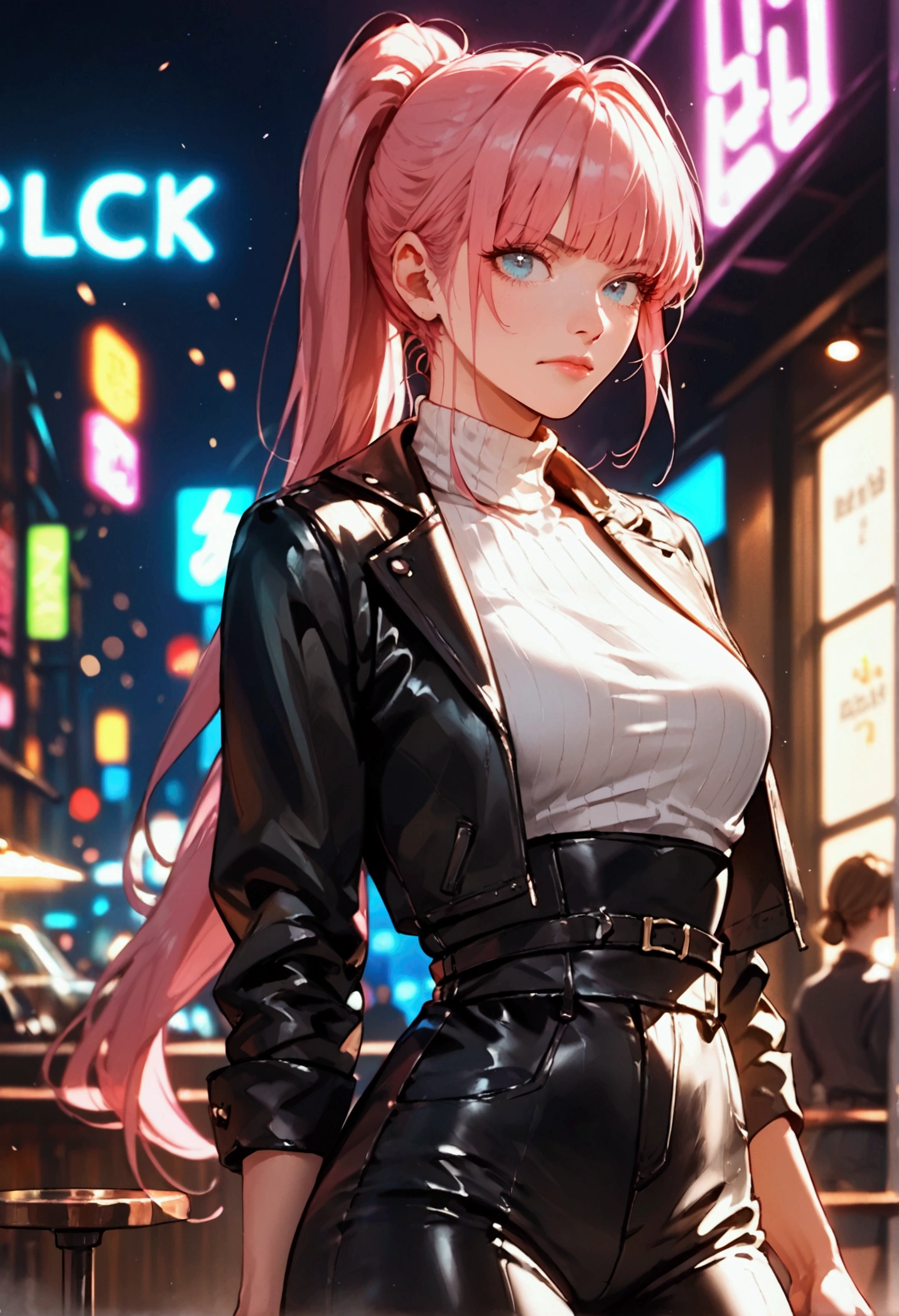 score_9, score_8_up, score_7_up, source_anime BREAK 1girl, solo, blue eyes, pink hair, long hair, ponytail, blunt bangs, breasts, cowboy shot, nightclub, neon lights, bokeh, depth of field, makeup, leather jacket, turtleneck, high waist pants, Beautiful anime style, mature manhwa,