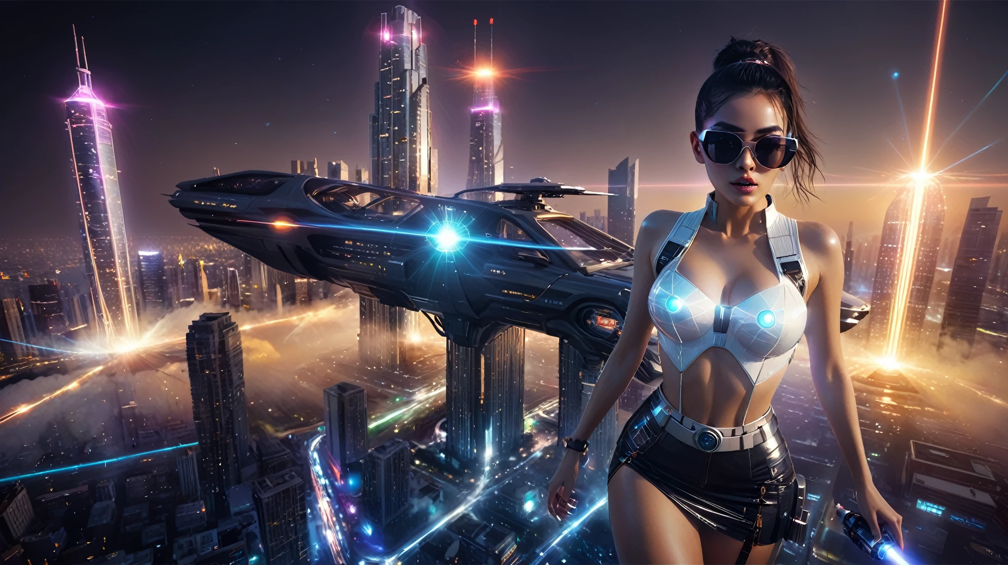 At dark night, aerial view of futuristic sci-fi cyberpunk city, skyscrapers, (flying vehicle), vortex-spirit-spreading giant hologram ((clock tower)) as time machine, Matrix style, (1girl, solo), large-breast:1.2 slim body, cleavage:1.3, tube top, miniskirt, (mini black sunglasses), ((holding a laser pistol)), dynamic pose, half-body thigh level medium shot, cinematic lighting, lens flare, ray tracing.