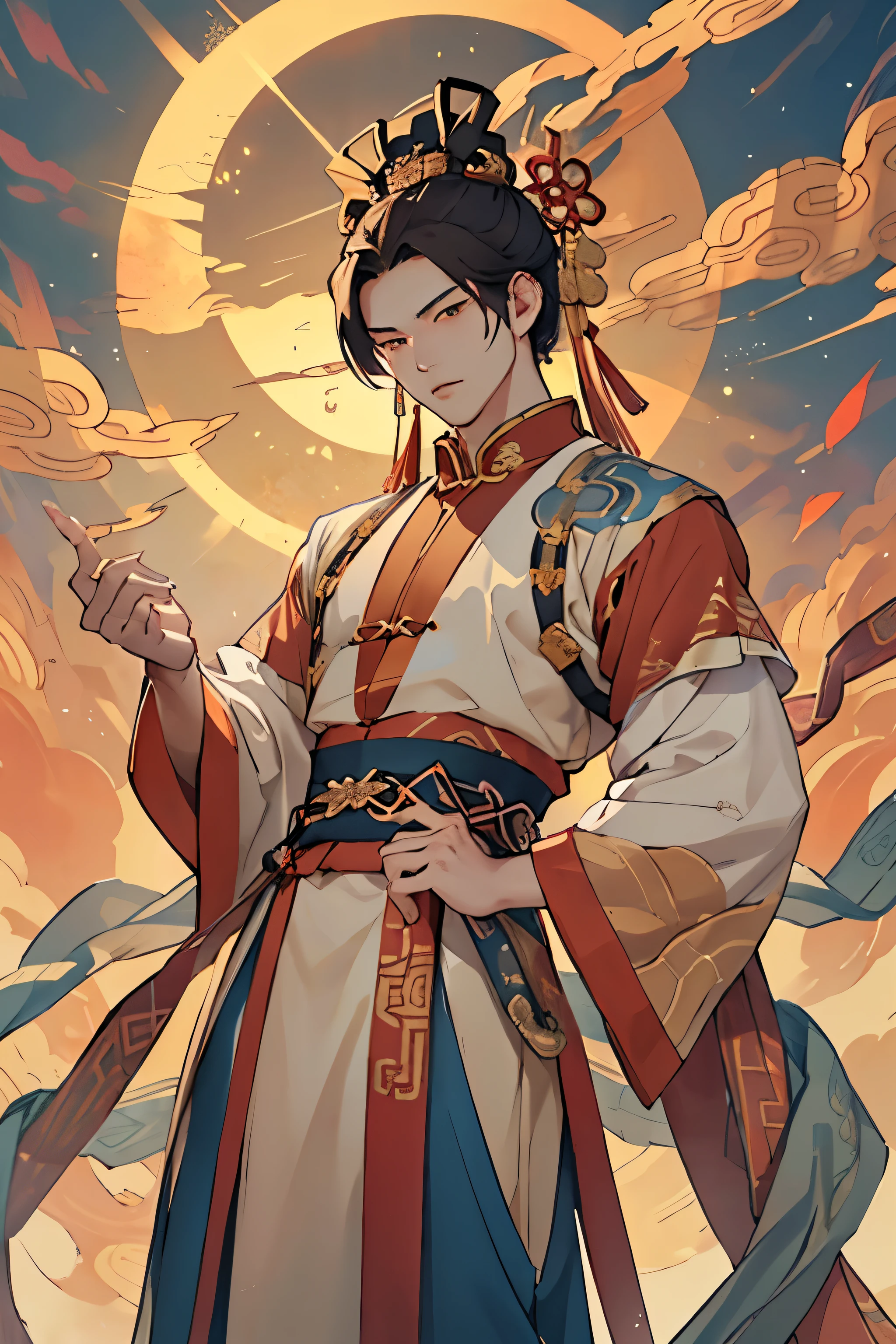 ((best quality)), ((masterpiece)), (detailed), Chinese Mythology,During the Song Dynasty,Male immortals。The god who rules the sun,Majestic and martial,High-ranking male,Looks cool,Inaccessible,The clothes are a bit revealing