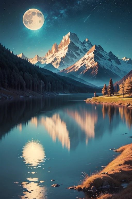 Highest quality、masterpiece、Landscape painting、Moon, Mountains and Lakes、night、Surrealism