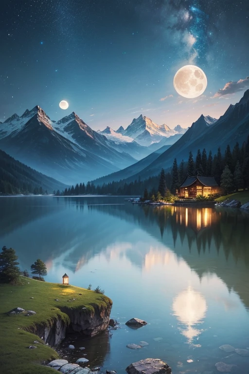 Highest quality、masterpiece、Landscape painting、Moon, Mountains and Lakes、night、Surrealism