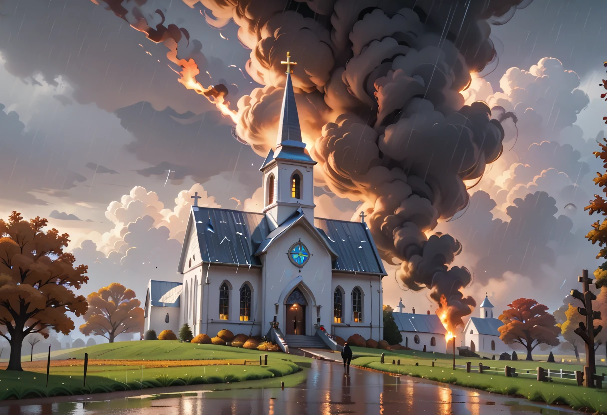 white church on fire, smoke, prairie, autumn, cloudy, raining, rain, masterpiece quality, ultra HD, 4K, best quality