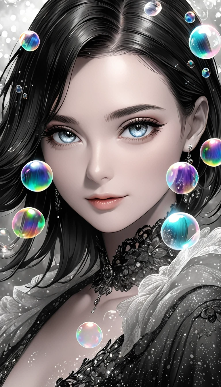 mix of monochrome and color, beautiful woman, portrait, shading effects, gradation magic effects, glitter effects, soap bubbles effects, foggy filter effect, (ultra detailed, absolutely resolution, best quality:1.3), 2.5D, delicate and dynamic, graphic CG digital art