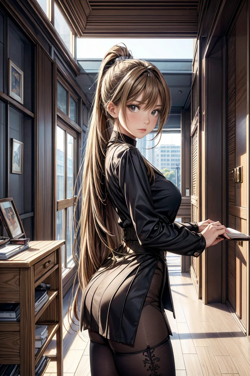 (masterpiece, Highest quality), Intricate details, 8k, Art Station, wallpaper, Official Art,  Sharp focus, One girl, Long Hair,ponytail,  Brown Hair, , office lady,Tight Skirt、slit、tights、 printing, Cold Eyes , Muddy eyes、skyscraper, city, building, car, street,