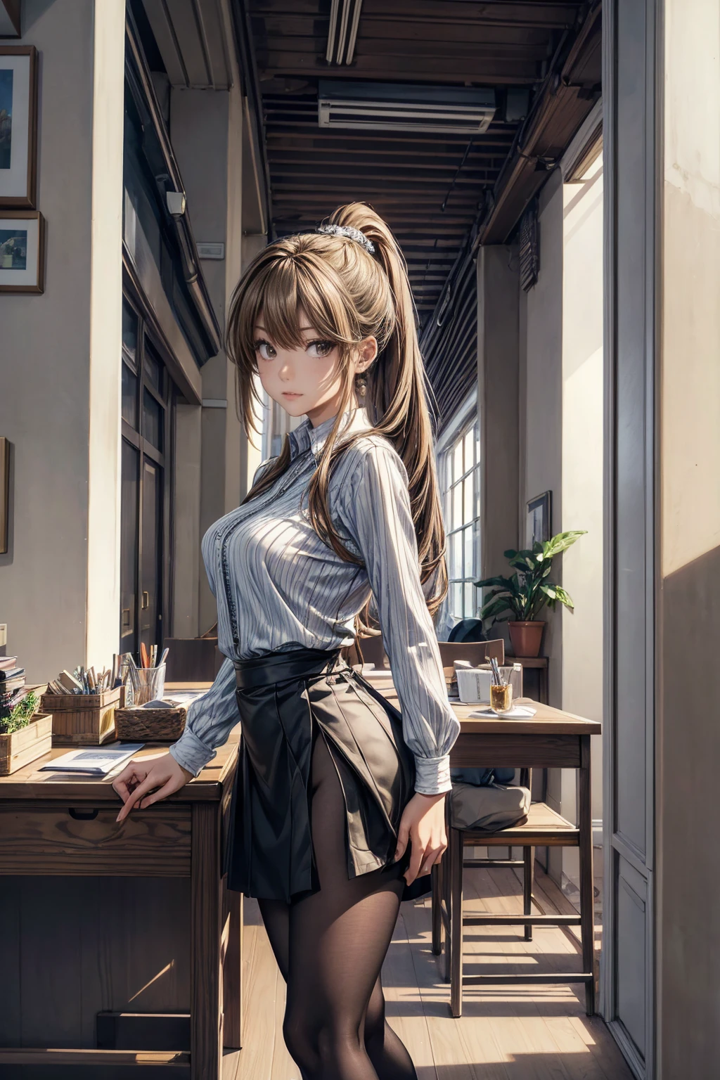 (masterpiece, Highest quality), Intricate details, 8k, Art Station, wallpaper, Official Art,  Sharp focus, One girl, Long Hair,ponytail,  Brown Hair, , office lady,Tight Skirt、slit、tights、 printing, Cold Eyes , Muddy eyes、skyscraper, city, building, car, street,