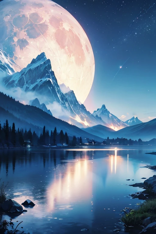 Highest quality、masterpiece、Landscape painting、Moon, Mountains and Lakes、night、Surrealism