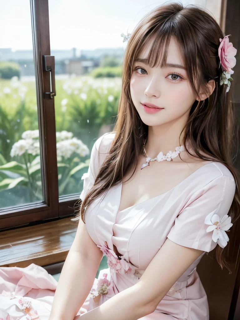 ((masterpiece: 1.3),8k, Realistic, RAW Photos, Highest quality: 1.4),whole body、 (One Girl), beautiful顔, (Realistic Face), (Brown long hair: 1.3), bangs,  Perfect dynamic composition,(High quality with attention to detail, Realistic depiction of eyes:1.3)、(((white,Short sleeve dress、Pink Flower:1.4)))、 profile、２１talent、beauty、Well-formed face、Make the eyes even、Banditium Build、Balanced ratio、beautiful足、Fresh face、beautiful景色、beautifulヘアスタイル, (bangs), (smile), smile, Realistic eyes, Gloss, highlight, highlight in the Eyes, eyelash, 目の中のbeautifulディテール, (Realistic Skin), Shooting from the air、beautiful肌, Transparency、(beautiful)、 smile, teeth, Confused, charm, 超High resolution, Ultra-realistic, High resolution, Golden Ratio, clear eyes, Wet, Looking into the camera, ear, Shine, Long neck, double eyelid, Thin eyebrows、Big eyes, cheek, kind character, charm personality, kind, 圧倒的なcharm, bright personality