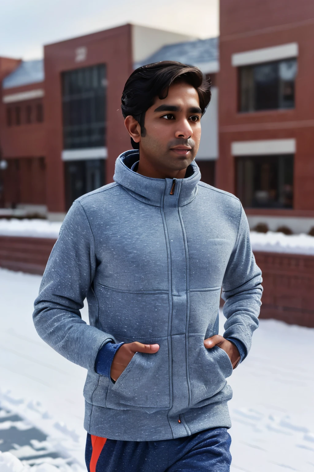 Massachusetts, USA, 2024. A young ((((39-year-old)) Suraj Sharma)), jogging, ((((winter clothings from the 2020s)))), ((hairstyle of the 2020s))