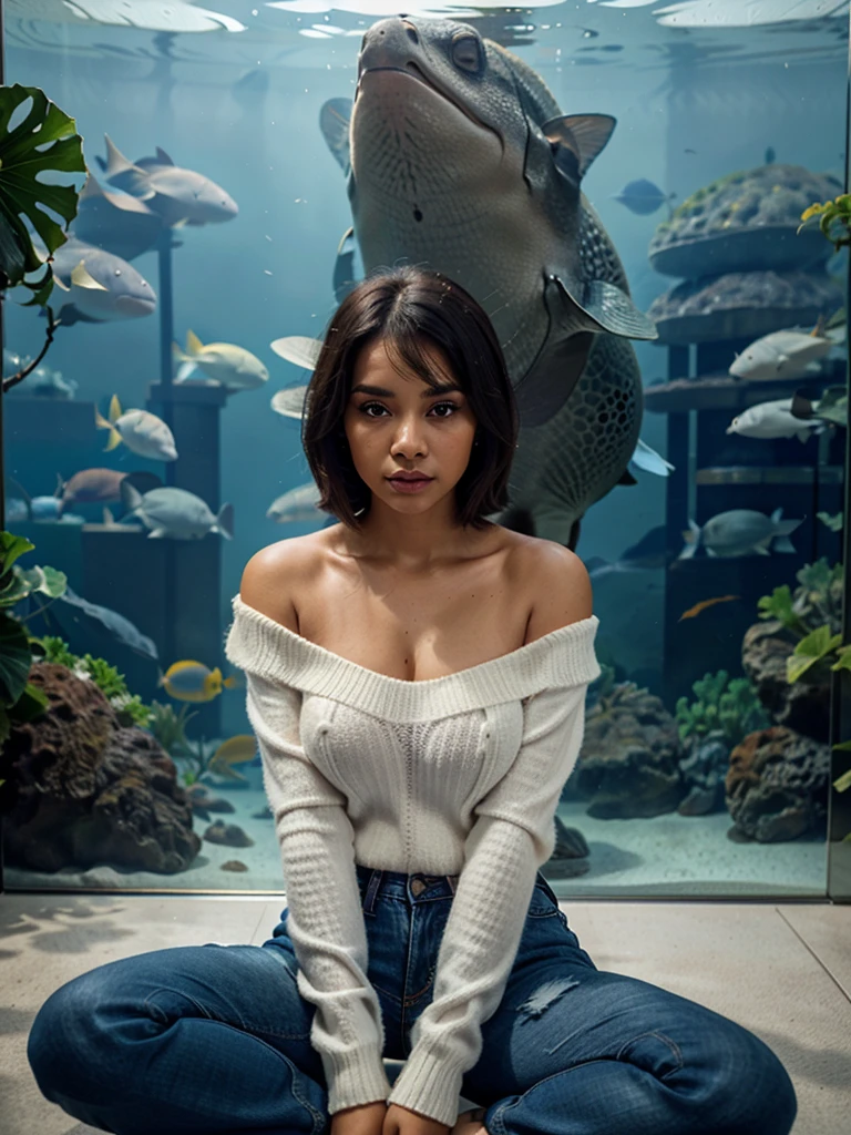 a beautiful woman with black buz cut wearing a white off-shoulder sweater and jeans, sitting in front of a huge aquarium with Stingray in the background, her face in soft focus with intricate skin details, photorealistic, 8k, ultra-detailed,