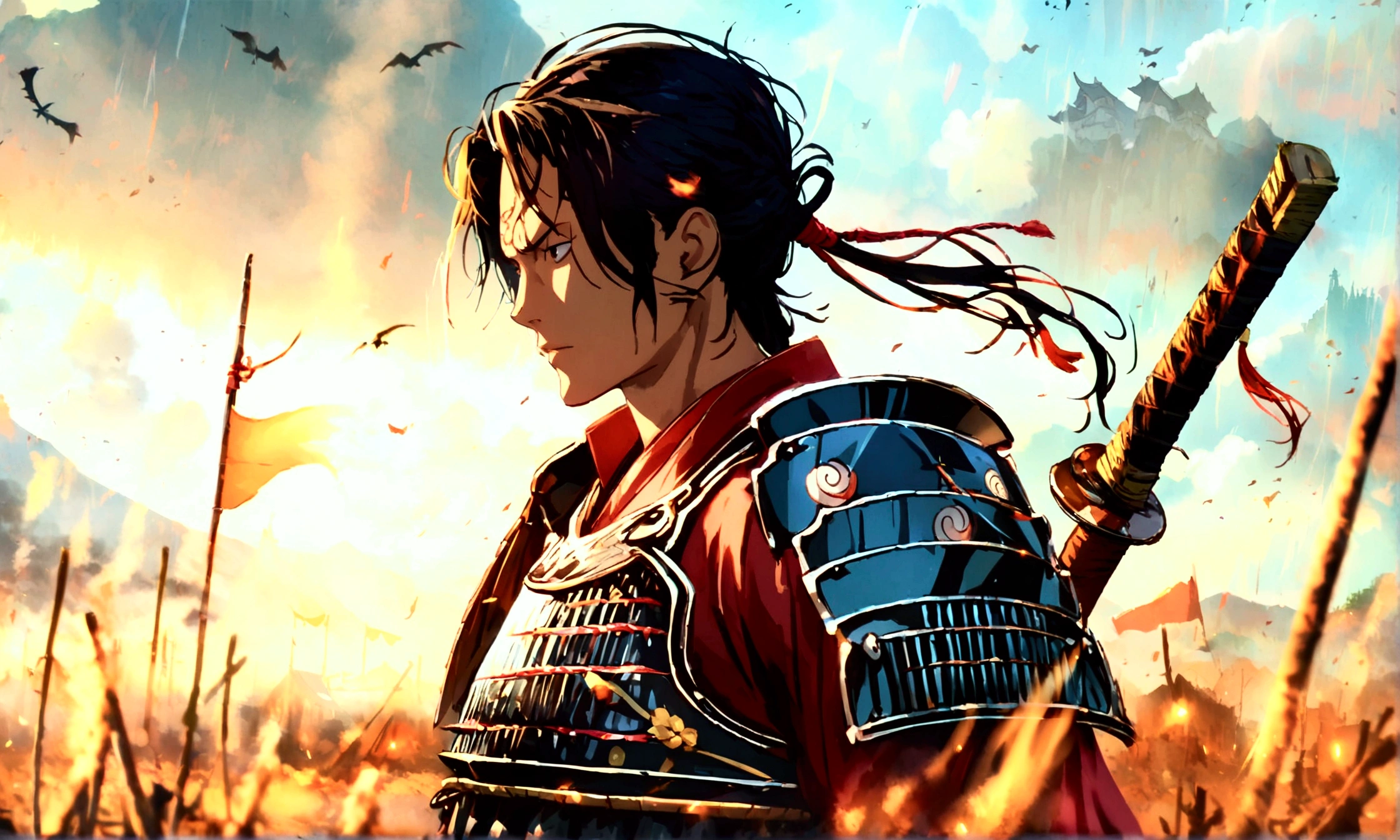 Japanese man, tied hair, samurai armor, frightening look, battlefield background, "Anime character design inspired by One Piece, full of dramatic and impressive lighting, focus on the centralized character, impressive face, full of creative details, ultra-fine 4K design, scenery bathed in creativity, boasting 2D anime resolution clarity, HD anime graphics, high-octane rendering"