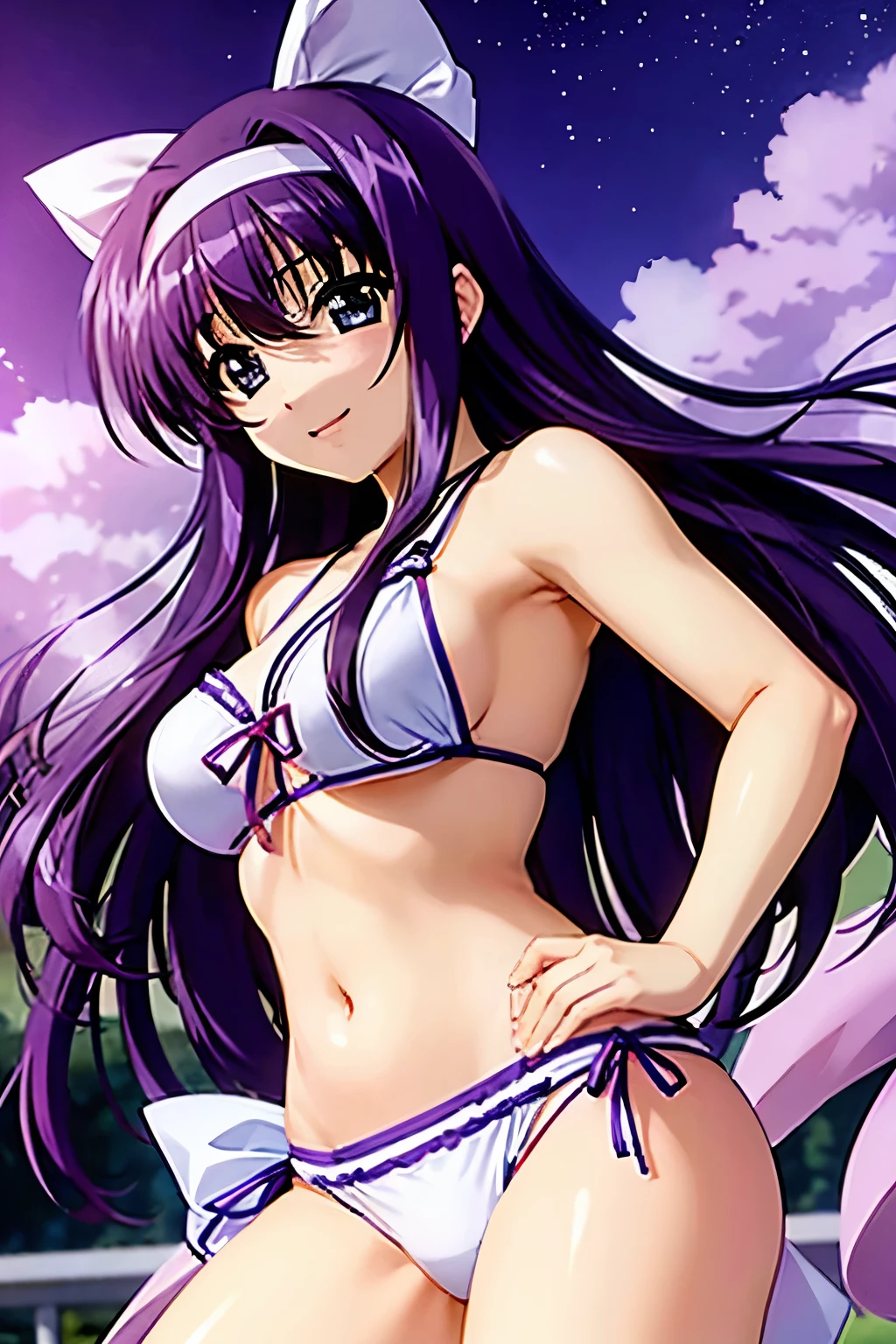 Suzuka Tsukimura、suzuka、"Magical Girl Lyrical Nanoha"、Purple Hair、long hair、hair band、Big Breasts、high school girl、Night Clan、Swimwear、bikini、A kind smile、Hands clasped behind back(((SFW、sound、Highest quality、first-clasasterpiece、Normal body、8k、Detailed face、Ultra-precision、Normal hand、Normal finger、5Finger、Highest)))