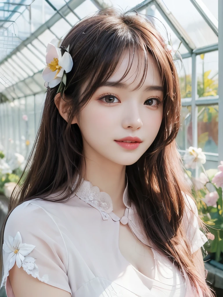 One girl,flower, Lisianthus ,A dreamy, romantic piece, Pale pink,Fantasy, White off-the-shoulder dress,Pink Long Hair,Brush strokes, Negative Space,Fantasy