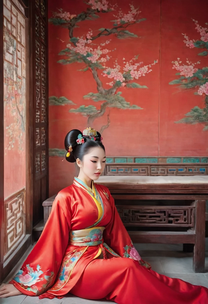 A side view of a Chinese empress, relaxing with her buttocks exposed and her legs stretched out. The background is a room in a Chinese palace during the Qing dynasty. She is sleeping in red Hanfu with only her large buttocks sticking out. She is either wearing underwear or not, and her protruding buttocks are floating up. Her hair is decorated with a large, flashy flower. The back of the hair is tied up and up. Erotic Woman