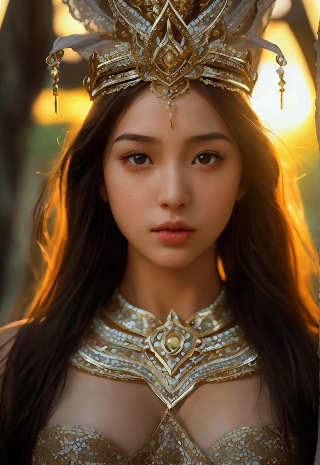 best quality, Masterpiece, Ultra high resolution, (realism: 1.4), original photo, 1 girl, movie light, at sunset, in the dark, deep shadow, Create high resolution photos, A beautiful young woman wearing a sexy Thai princess costume., The see-through fabric is so thin that the wearer'Cracks and skin can be seen.., She spread her legs slightly wide to show off her legs.., She has a slim face.., sharp eyes, long hair, responsive face, high nose, and thin lips, Her breasts are 32 inches long with pink nipples.., Her waist is 24 inches.., Her hips are 33 inches.., Her skin was white and radiant.., She has light brown hair.., And her figure was slim and slightly muscular...