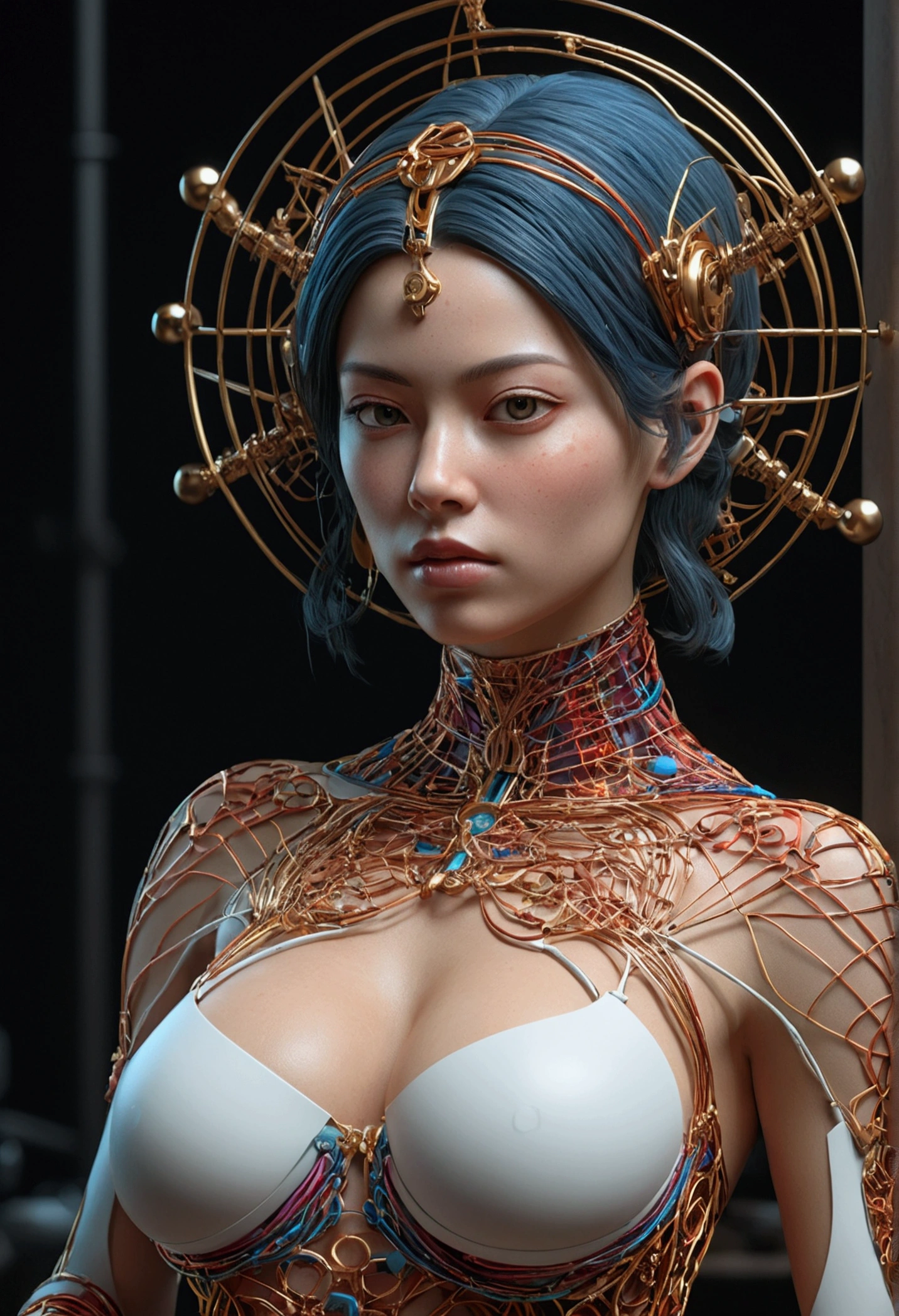 Female, Wire cybernetics implants, Adrian Gainey Esso Andrews' style Jenny Savile, The surrealist dark art of James Jean Gaoto Yamamoto and Bri Sienkiewicz, trending on artstationh, Sharp focus, studio photo, Intricate details, Highly detailed, by Greg Rutkowski, intricate face details, TM Ninja, TM Samurai, Poster style, pictogram, Vibrant, colorful, vectorstyle, Digital art, 4K, Intricate details, big breasts enchanting, Professional manufacturing, Beautiful vector illustration, 12k resolution, 。.3D, All characters in detailed full body, Highly detailed, vibrant, Ultra high quality, hyper photorealism, Photorealism, rendering by octane]