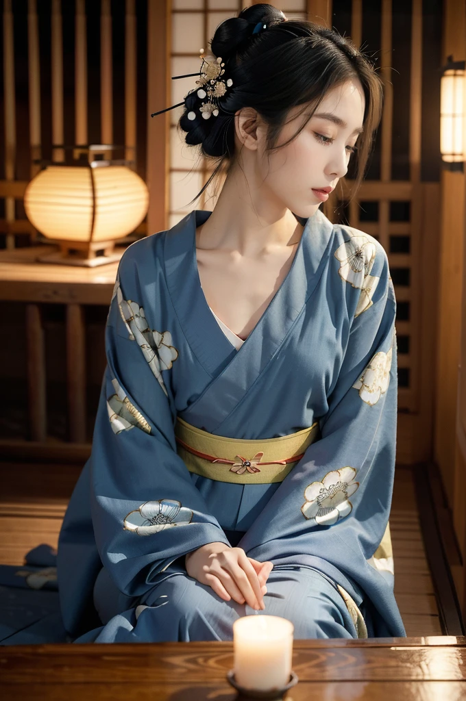 (((best quality))),(((ultra detailed))),(((masterpiece))),illustration,((1 beautiful Japanese girl,solo)),((slim,thin)),((small breasts,flat chest)),serene,melancholic,(rainy:1.3),(night scene:1.3),(in izakaya:1.3),(bun hair:1.2),(traditional blue floral kimono:1.3),cozy atmosphere,sipping drink,ethereal appearance,delicate features,expressive eyes,contemplation,numbs loneliness,intricate kimono patterns,billowing kimono,traditional beauty,graceful sitting pose,sliding doors,rainy alley,soft glow lanterns,warm ambiance,cigarette vapor,atmospheric haze,introspection,isolation,beauty in solitude,complex emotions,quiet moments,Drinking Alone,narrative,loneliness,yearning,inner peace,((from front,upper body))