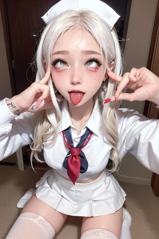 high quality, detailed,nurse,(very very wet and very transparent white uniform,skirt),a mole under the eye,(bob hair,bob hair),(tounge out,lots of saliva),(blushing:1.4),smile,absurdres,orgasm,ecstasy,(wearing white overknee socks),the whole body,the whole body,she has a lot of earrings,tattoo,tattoo,looking up,she has fancy nails,at the nurses' station