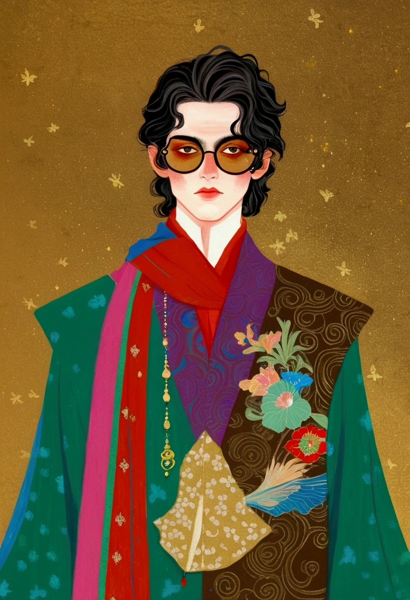 In a painting,A man in a colorful jacket、Delicate androgynous prince wearing a scarf, Gucci style, cypherpunk Fashion Illustration, Cloisonnism, detailed Fashion Illustration, Fashion Illustration, luxury Fashion Illustration, Pale kimono, Complex Abstract.