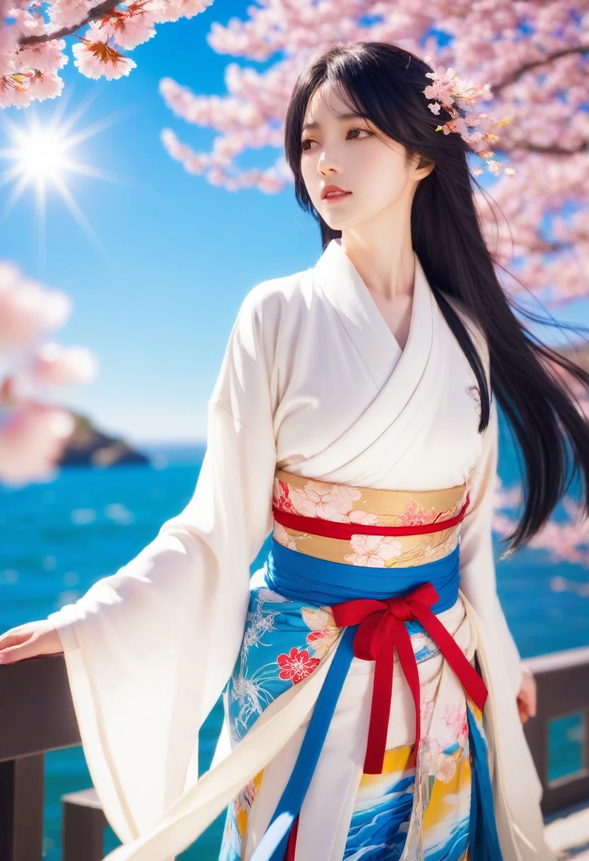 1 girl,black hair, flowing hair, Coast,sight,sight,Cherry Blossom, falling petals, sunlight,divine light,upper body, color,skirt,kimono