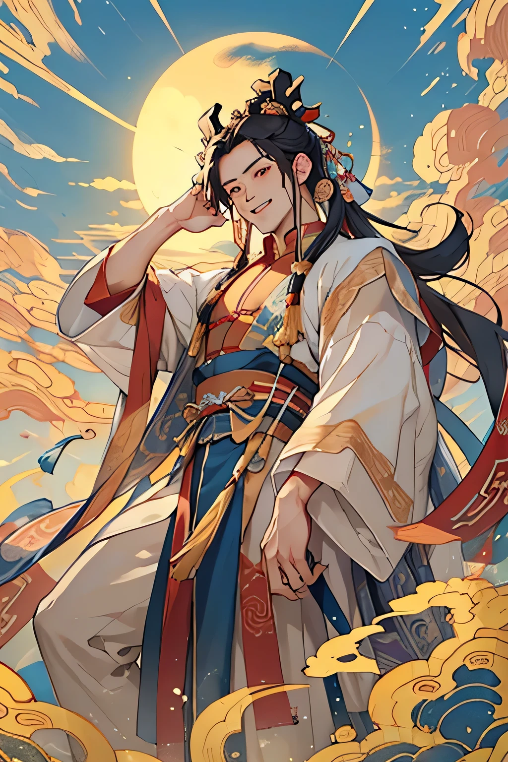 ((best quality)), ((masterpiece)), (detailed), Chinese Mythology,During the Song Dynasty,Male immortals。The god who controls the blue sky and white clouds,Majestic and martial,High-ranking male,Looks sunny and cheerful,The clothes are a bit revealing