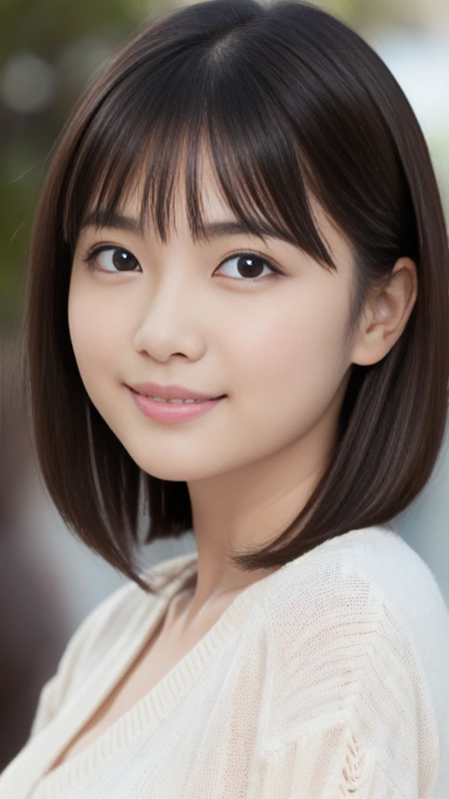 masterpiece)、(Highest quality:1.5)、(Photorealistic:1.2)、(Surreal), (High resolution), (Realistic), (Post-processing),(Sharp focus), Sharp focus:1.2,Backlight, (Improvement of quality:1.4), (Narrow waist)、((Perfectly detailed five-fingered hands)),(Anatomically correct body)、((1 female:1.4))、Japanese、Realistic Skin、(Small chest:1.4)、Bust size is A cup、A pretty woman with a slender figure:1.4,(from the front:1.5), (Enhances the beauty of skin texture:1.1),No makeup、美しいBlack Hair、smile、Natural color lip、(Small Mouth:1.4)、The mouth is not open、Thick lips、(Oval Face)、Even bangs、Hide eyebrows with bangs、((33-year-old woman))、Bob Hair、Hair blowing in the wind, (Black Hair, Iris, Watery eyes, Shining Eyes, Bob cut hair,), Hair behind the ear、No makeup、(Drooping eyes)、(((One lovely woman)),((優しい大きなsmile)),(( Small breasts,Small breastsの谷間)),((((Plump Cheeks)))),very cute,(Baby Face),Raccoon face,