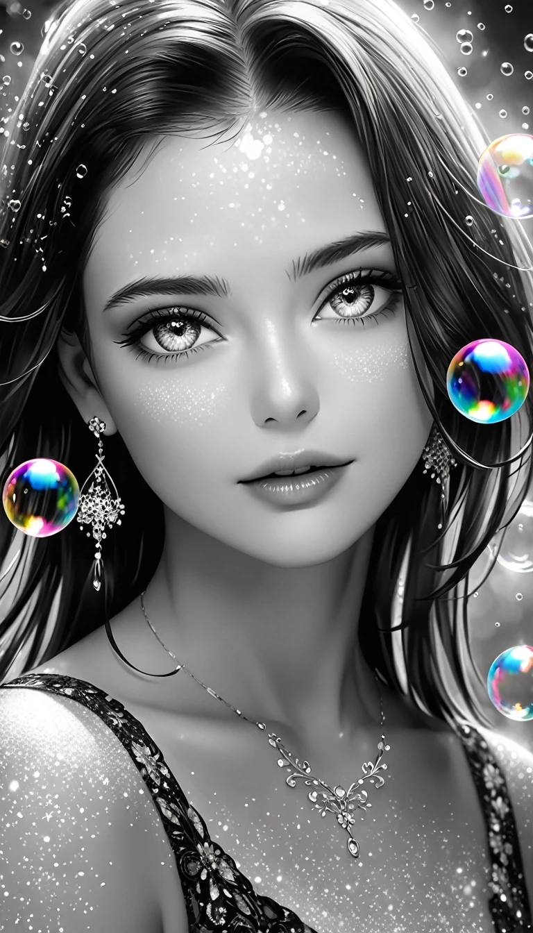 mix of monochrome and color, beautiful woman, portrait, shading effects, gradation magic effects, glitter effects, soap bubbles effects, foggy filter effect, (ultra detailed, absolutely resolution, best quality:1.3), 2.5D, delicate and dynamic, artistic photography, hyper realistic, graphic CG digital art