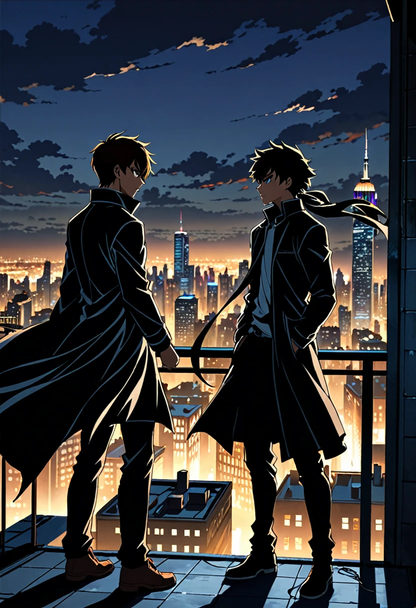 The final confrontation**
- **preparation**: Rooftop of a building overlooking the city at night.
- **the details**: The city skyline is lit, but the characters are in shadow. Ali and his opponent face each other, and the wind blows dramatically.