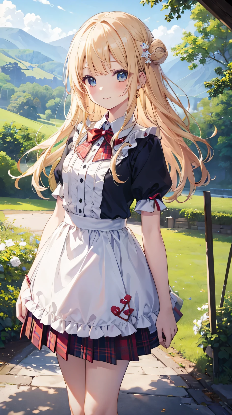 Wearing a small dress((masterpiece)), ((Highest quality)), ((High resolution)), ((In detail))、England、Anime style white woman、blonde、smile、Happy expression、Daytime、Rural Scenery、cute、beautiful、Embarrassing cheeks、Tartan Skirt、Bagpipes