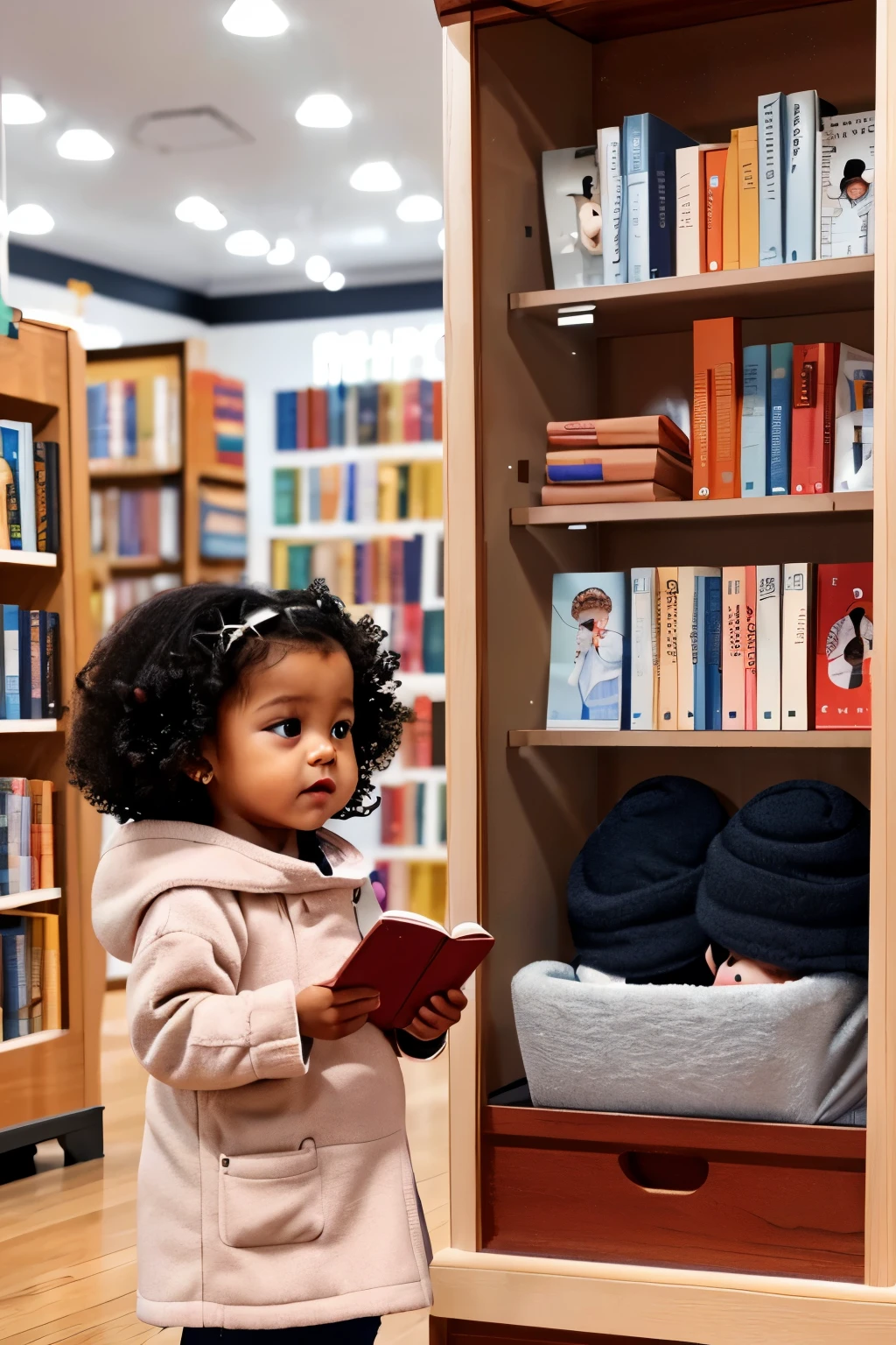 Massachusetts, USA, 2024. A little ((((2--old)aya)), half-black, in a book store, ((((winter baby clngs from the 2020s)))), ((curly hairstyle of the 2020s))