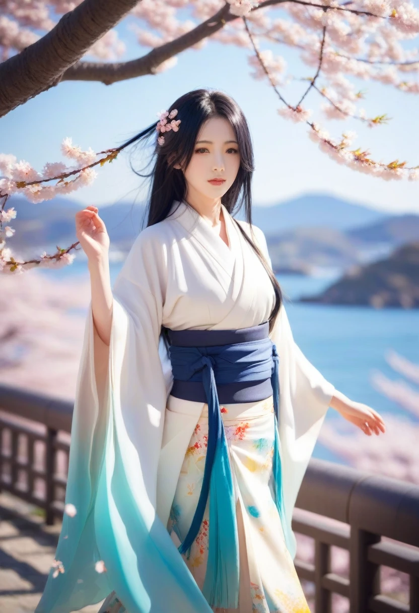 1 girl,black hair, flowing hair, Coast,sight,sight,Cherry Blossom, falling petals, sunlight,divine light,upper body, color,skirt,kimono