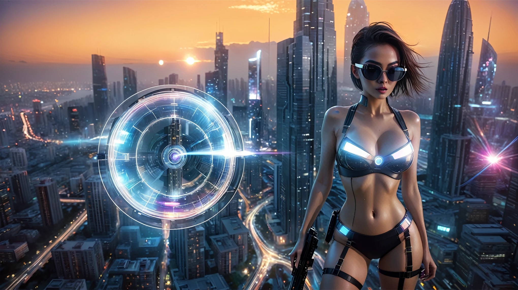 At dark night, aerial view of futuristic sci-fi cyberpunk city, skyscrapers, (flying vehicle), vortex-spirit-spreading giant hologram ((clock tower)) as time machine, Matrix style, (1girl, solo), large-breast:1.2 slim body, cleavage:1.3, tube top, miniskirt, (mini black sunglasses), ((holding a laser pistol)), dynamic pose, half-body thigh level medium shot, cinematic lighting, lens flare, ray tracing.