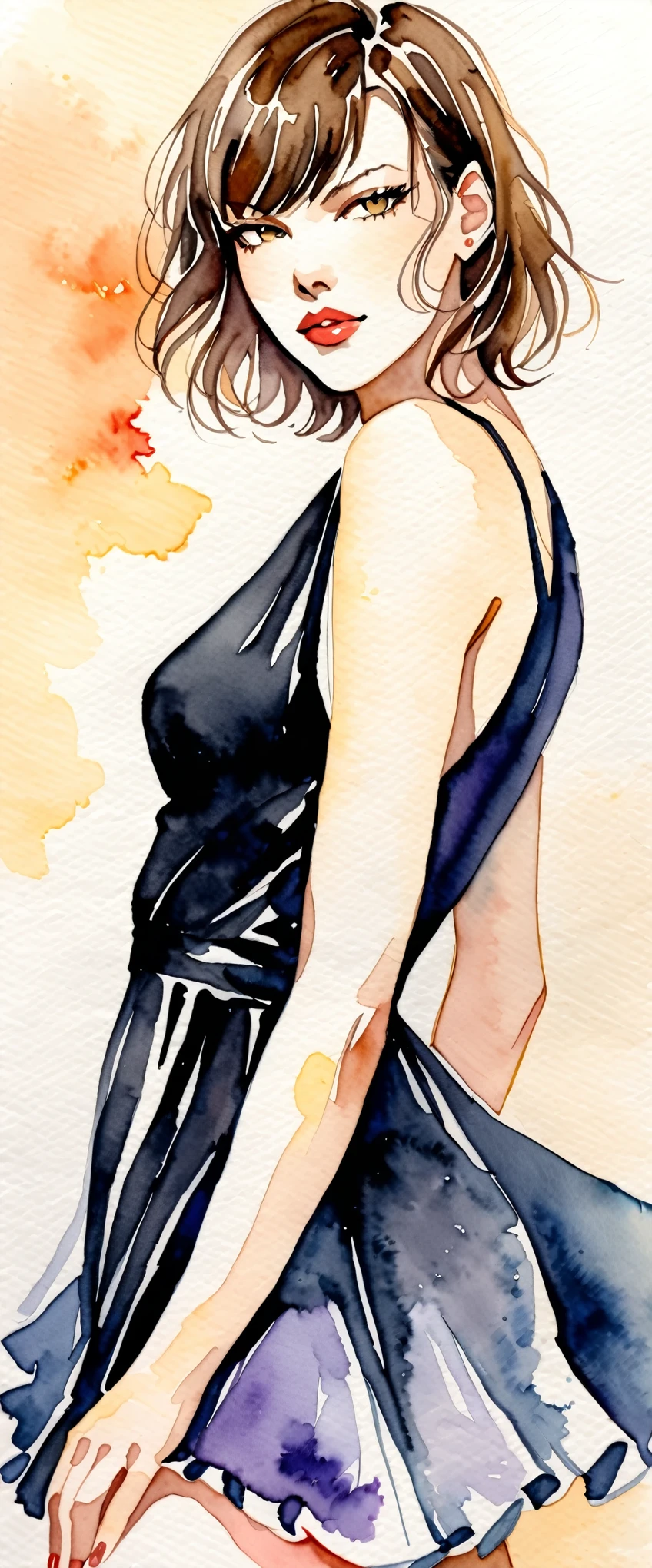 masterpiece,Milla Jovovich,Watercolor,Black Dress,(Beautiful gradation created by layering),(Tarashikomi technique)