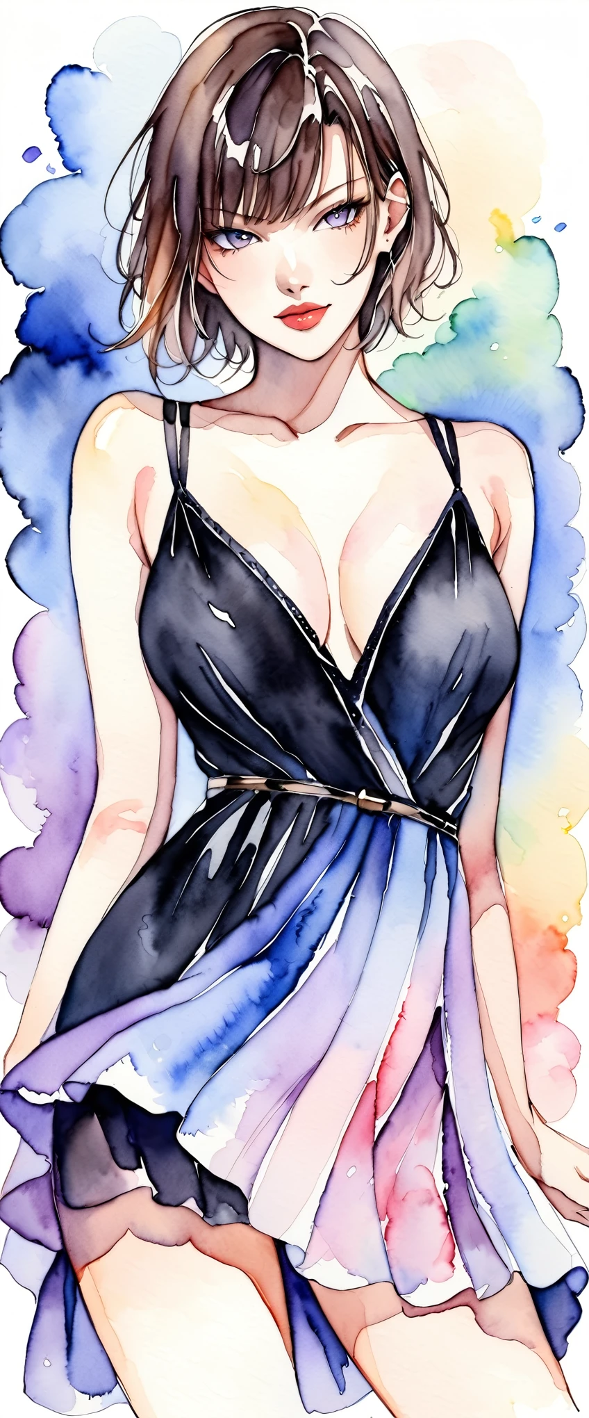 masterpiece,Milla Jovovich,Watercolor,Black Dress,(Beautiful gradation created by layering),(Tarashikomi technique)