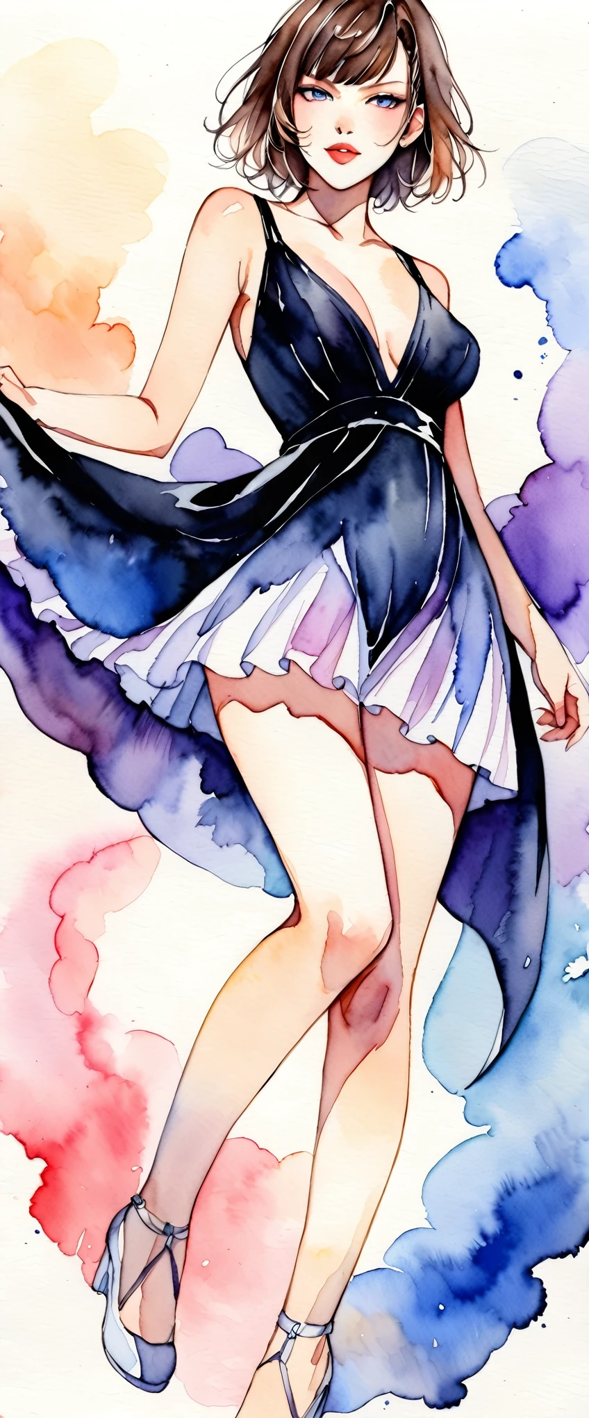 masterpiece,Milla Jovovich,Watercolor,Black Dress,(Beautiful gradation created by layering),(Tarashikomi technique)