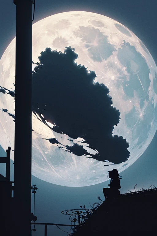 Highest quality,Big moon and shadow,A silhouette of a person can be seen against the backdrop of a large moon.,There is one full moon,There is a mood,Beautiful scenery,Starry Sky