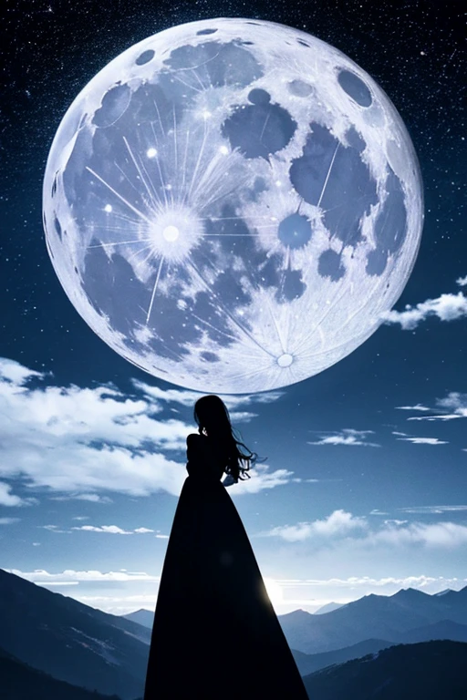 Highest quality,Big moon and shadow,A silhouette of a person can be seen against the backdrop of a large moon.,There is one full moon,There is a mood,Beautiful scenery,Starry Sky
