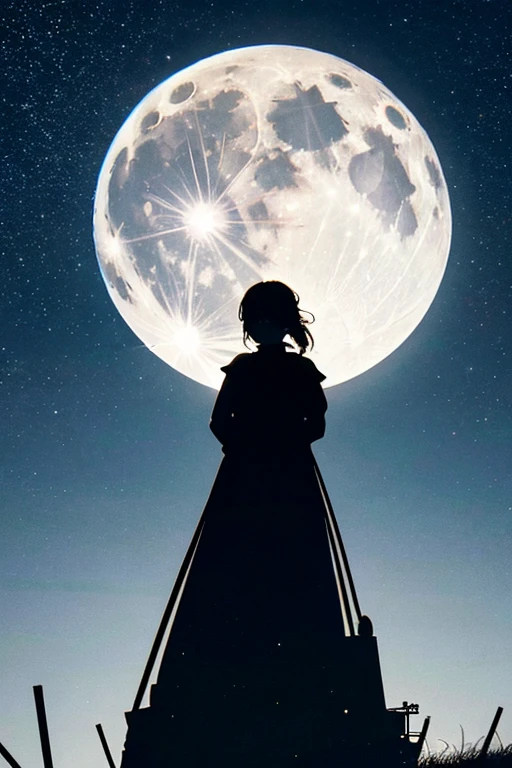 Highest quality,Big moon and shadow,A silhouette of a person can be seen against the backdrop of a large moon.,There is one full moon,There is a mood,Beautiful scenery,Starry Sky