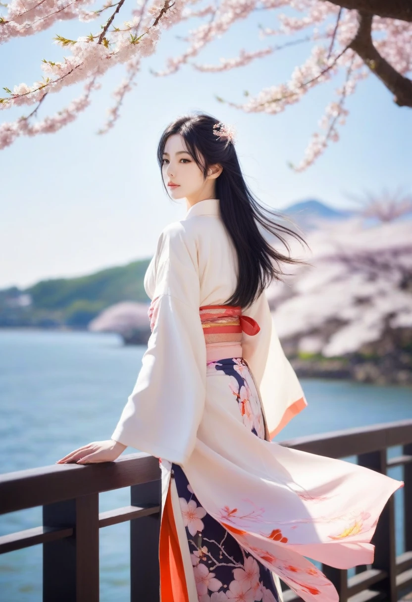 1 girl,black hair, flowing hair, Coast,sight,sight,Cherry Blossom, falling petals, sunlight,divine light,upper body, color,skirt,kimono