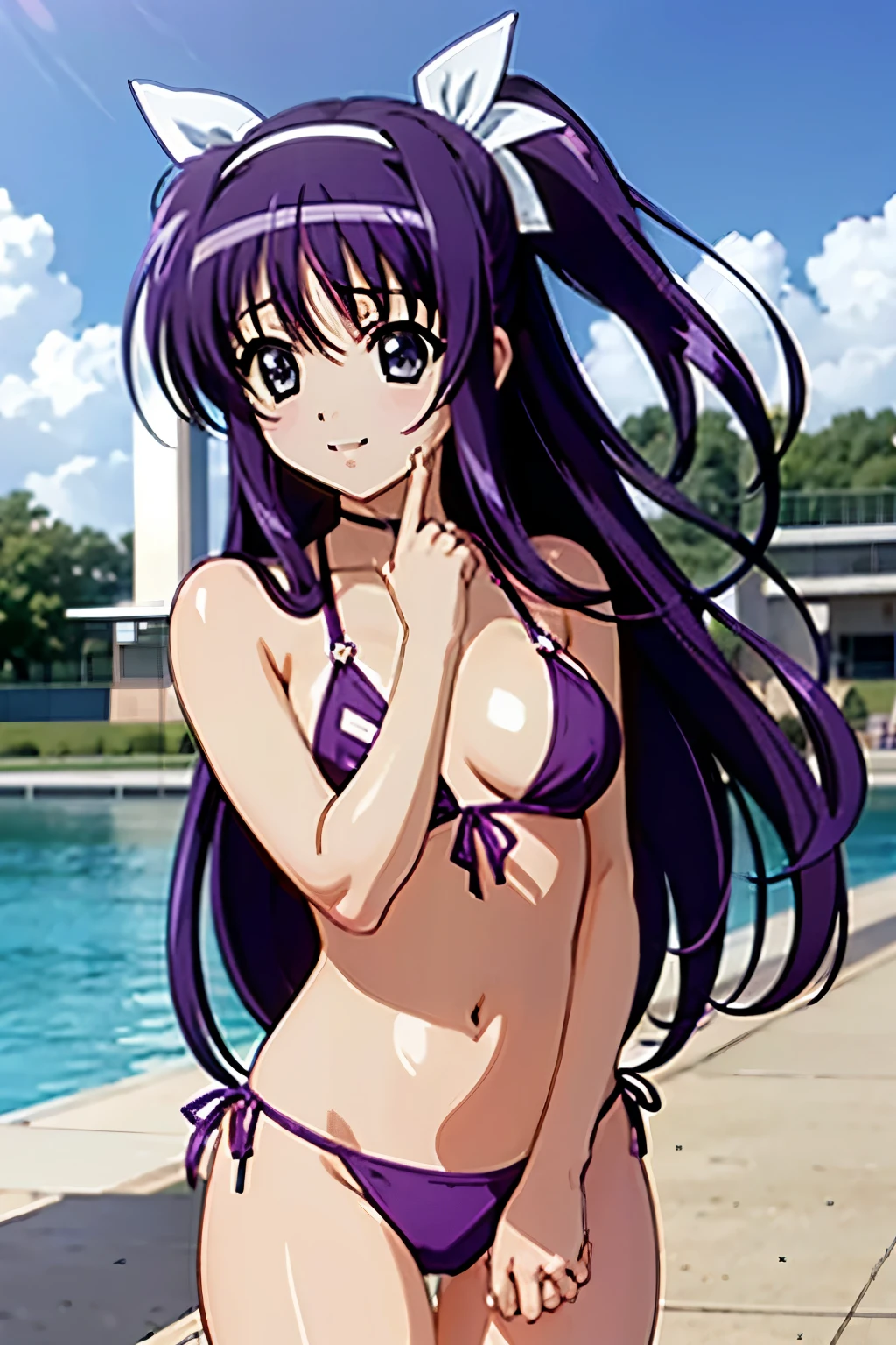 Suzuka Tsukimura、suzuka、"Magical Girl Lyrical Nanoha"、Purple Hair、long hair、hair band、Big Breasts、high school girl、Night Clan、Swimwear、bikini、葉っぱbikini、A kind smile、Hands clasped behind back(((SFW、sound、Highest quality、first-clasasterpiece、Normal body、8k、Detailed face、Ultra-precision、Normal hand、Normal finger、5Finger、Highest)))