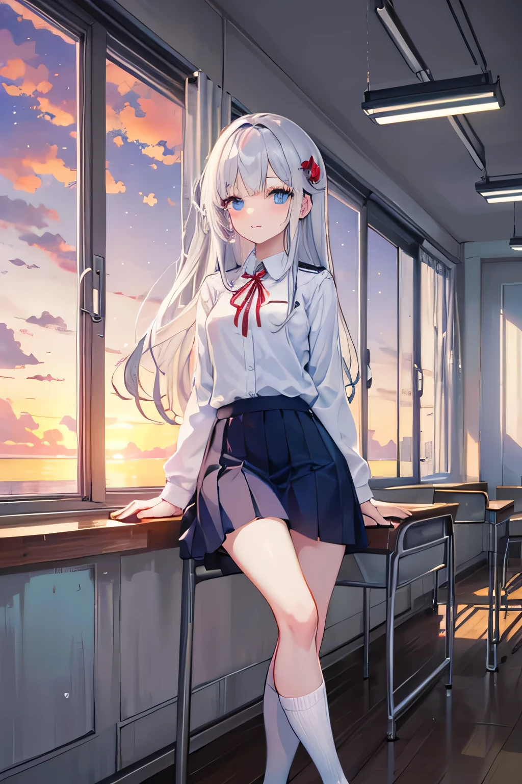 ((high quality))，((high resolution))，((Masterpiece))，8k，Silver Hair，Light blue eyes，Highlights of beautiful eyes，Starry eyes，Your eyes are beautiful，Small breasts，Beautiful sunset，Long skirt，Wear a high ，Wear a uniform，Long socks，Very long socks，Long Hair，straight，Red ribbon hair ornament，Inside a high school classroom，An empty classroom，Classroom after school，Sitting in a chair，Crossing your legs，