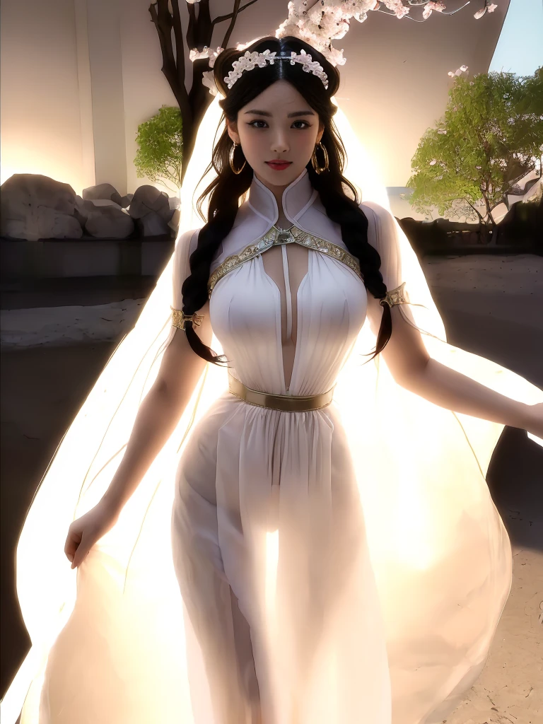 A female model, (Race:Chinese),((night),(moonlight),(Fall),(Mountains in summer，Sunset)), (8K Ultra HD, 8K, Ultra-high resolution, best quality, masterpiece, Surrealism), ((((Beautiful model-like face))), (Creating the image of a real girl), warm light, Realistic shadows, Dynamic poses, Elegant Posture, Cowboy lens, Full body front view, Be confident, Body facing the camera, Standing facing the camera, Open your legs slightly, Golden Ratio Graphics, Minimalism), (Happy smile, Big watery eyes, Cherry Blossom, Balanced Eyes, Oval face, Perfect beautiful face, Pretty Face, Normal facial features, Realistic skin, Skin is transparent and visible, Attention to skin details, Perfect limbs, Sports body, cosmetic, earrings, bracelet, necklace, Jewelry, veil, Hair accessories, Headdress), ((beautiful hair), black hair, Wavy curly hairstyle, Waist-length hair, Messy Hairstyle, Gradient hairstyles, Cyberpunk hairstyle), ((Transparent clothes：1.5), (The color of the clothes: Peach), Transparent Clothes, See-through clothes, Transparent Clothes, Tulle clothes, Mesh clothes, Transparent sci-fi clothes), (Sexy的, Perfect breast shape, Teardrop chest shape, Snow-white breasts, very detailed breasts, 34E cup), (Super high waist, Deep V, Low-cut, Sexy, Flattering, , (Camel toe, High fork strangulation)), (sock, Knee socks, 吊garter, Leg ring, garter, 腿部garter), (pattern:Clouds)