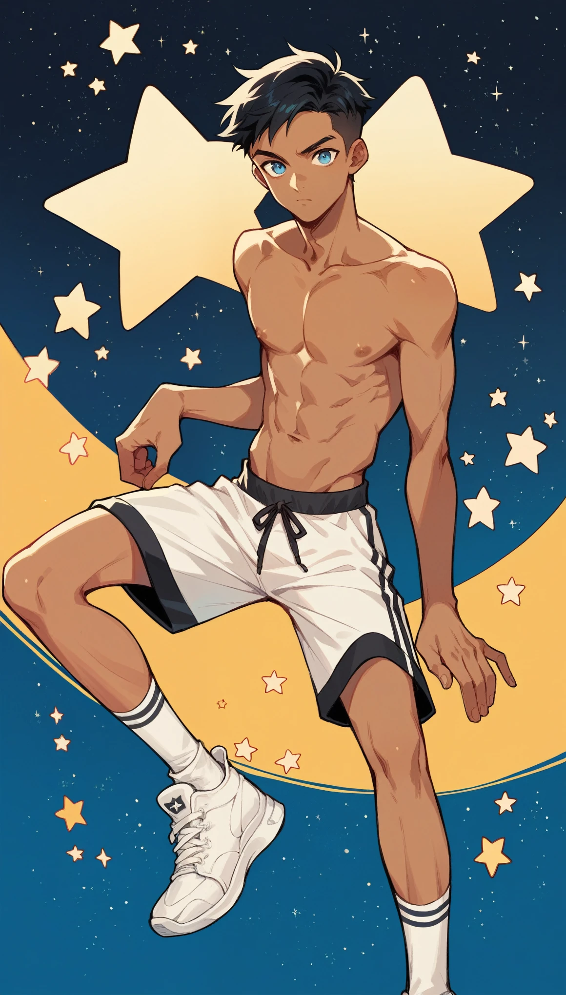 handsome boy,Black Hair，Tanned skin，Topless，black sports wear，slim，Blue Eyes，Stars background，White socks，White sneakers，Imagine，Tempting,pornography,(Dynamic poses:1.0)