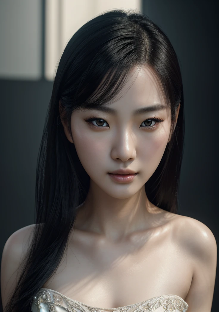 beautiful asian woman, detailed on face, black hair, pale skin, full lips, delicate eyes, fine and delicate features, intricate details, photorealistic, (best quality,4k,8k,highres,masterpiece:1.2),ultra-detailed,(realistic,photorealistic,photo-realistic:1.37),portrait,cinematic lighting,dramatic colors