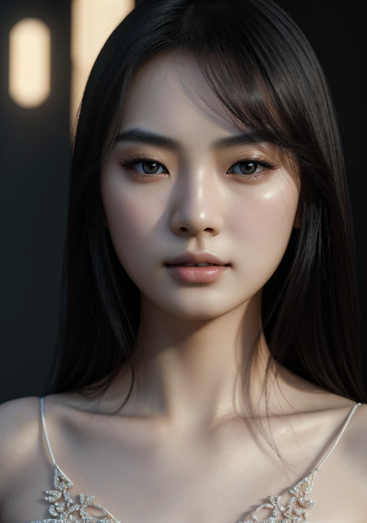 beautiful asian woman, detailed on face, black hair, pale skin, full lips, delicate eyes, fine and delicate features, intricate details, photorealistic, (best quality,4k,8k,highres,masterpiece:1.2),ultra-detailed,(realistic,photorealistic,photo-realistic:1.37),portrait,cinematic lighting,dramatic colors