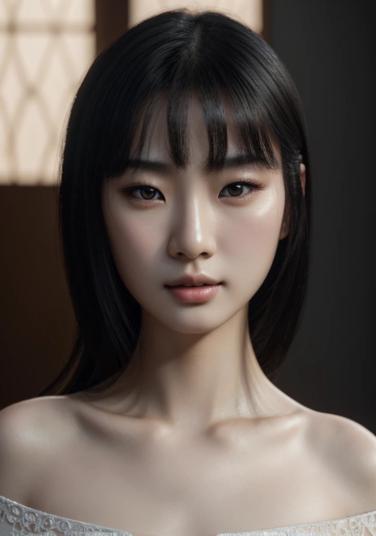 beautiful asian woman, detailed on face, black hair, pale skin, full lips, delicate eyes, fine and delicate features, intricate details, photorealistic, (best quality,4k,8k,highres,masterpiece:1.2),ultra-detailed,(realistic,photorealistic,photo-realistic:1.37),portrait,cinematic lighting,dramatic colors