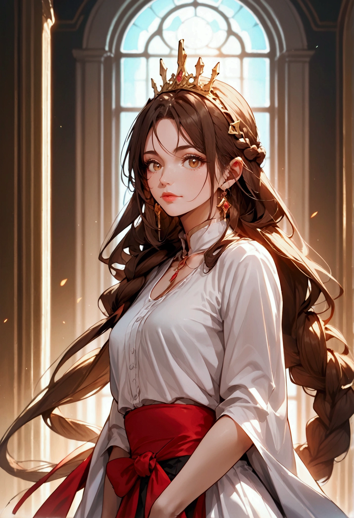 Clear picture, high res, defined facial features, score_9, score_8_up, score_8, volumetric lighting, vibrant colors, bright theme, castle, 1girl, queen Amaya, tall, small breast, brown hair, brown eyes, long hair, long braid, mole on corner of mouth, mole on face, tiara, full lips, standing, courtyard, Beautiful anime style, mature manhwa,
