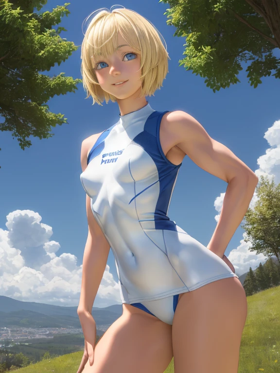 masterpiece, realistic, 8 K, (1 cute 18 year old girl with nice small firm breasts:1.5), Russian, white sports jersey, (blonde hair:1.1) , shortcut, (pixie haircut:1.2), Blue eyes, developed athletic muscles, looking into the distance, smile、Turning, I don't wear a bra because it's uncomfortable, highest quality human skin texture, Realistic skin, Beautiful face, expressive look, upper body