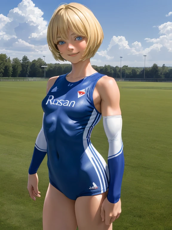 masterpiece, realistic, 8 K, (1 cute 18 year old girl with nice small firm breasts:1.5), Russian, white sports jersey, (blonde hair:1.1) , shortcut, (pixie haircut:1.2), Blue eyes, developed athletic muscles, looking into the distance, smile、Turning, I don&#39;t wear a bra because it&#39;s uncomfortable, highest quality human skin texture, Realistic skin, Beautiful face, expressive look, upper body