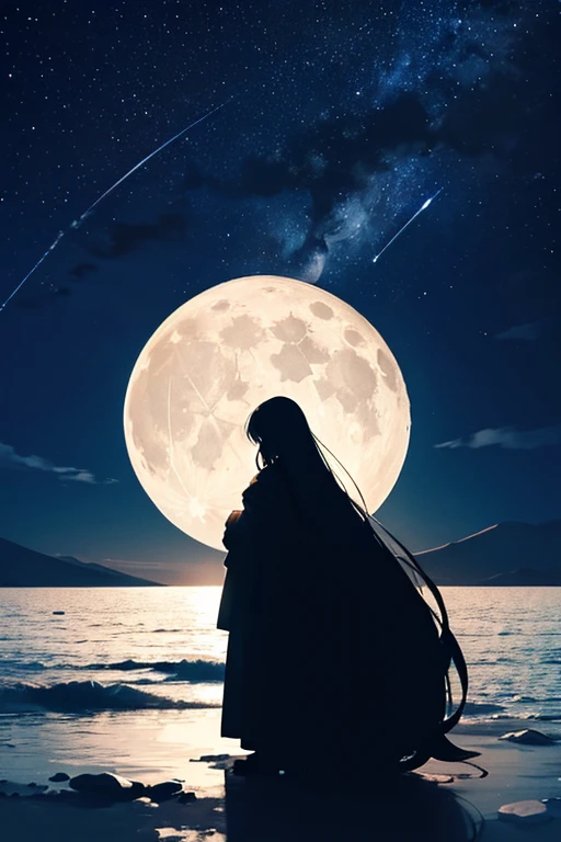 Highest quality,Big moon and shadow,A silhouette of a person can be seen against the backdrop of a large moon.,There is one full moon,There is a mood,Beautiful scenery,Starry Sky